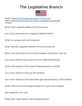 Preview of Legislative Branch "Watch, Read & Answer" Online Assignment (Word)