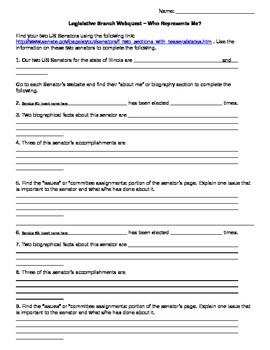 Preview of Legislative Branch - Who Represents Me? Webquest / Guided Research Worksheet