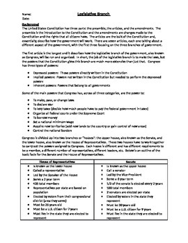 Preview of Legislative Branch Worksheets