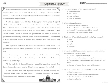 Legislative Branch of Government {Differentiated Reading Passages ...