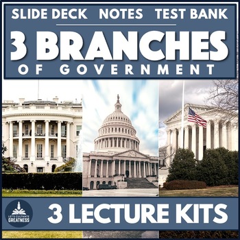 Preview of 3 Branches of Government PPT Lectures with Quizzes & Guided Notes