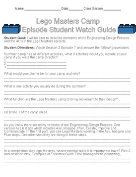 Preview of Lego Masters Summer Camp Episode Student Sheet with Lesson Plan for STEM Class