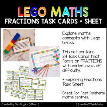 Preview of Lego Maths - FRACTIONS Task Cards + Sheet - Math Centres Rotations Fast Finisher