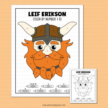 Preview of Leif Erikson Activities Color By Number Worksheets Math 1-10 Viking Kindergarten