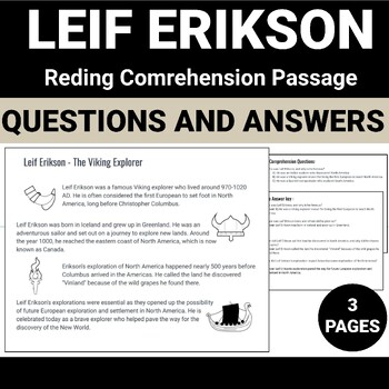 Preview of Leif Erikson Reading Comprehension Passage, Questions and Answers