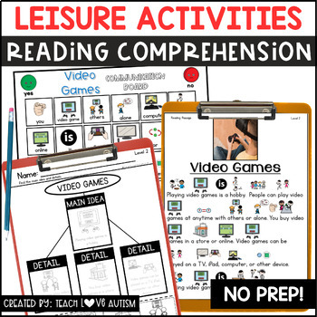 Preview of Leisure Activities Reading Comprehension Passages and Worksheets with Visuals