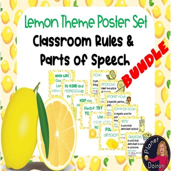 Preview of Lemon themed BUNDLE Parts of Speech & Classroom Rules Poster set Back to school