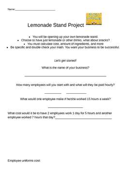 Preview of Lemonade/Drink Stand: Project Based Learning