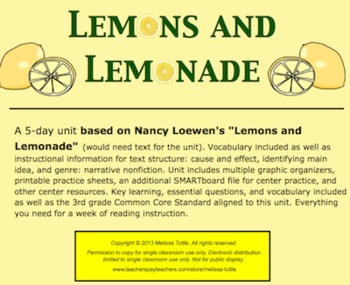 Preview of Lemons & Lemonade Reading SMARTboard multi-day unit; Aligned to 3rd Grade CCSS