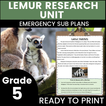 Preview of Lemurs 5th Grade Emergency Sub Plans Math English Science Substitute Binder