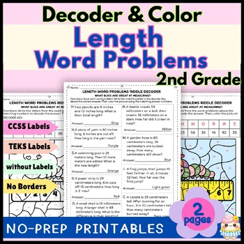 Preview of 2nd Grade Length Word Problems | Add & Subtract | Color by Code Riddle Decoder