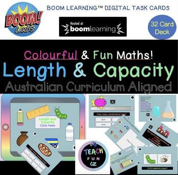 Preview of Length and Capacity Digital Task Cards Boom Learning Deck 32 Cards Lower Primary