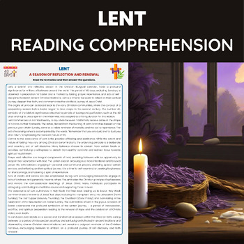 Preview of Lent Reading Comprehension Worksheet | Lenten Season Traditions and History