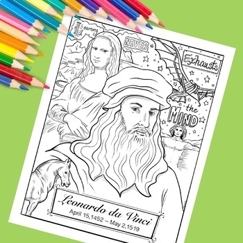 Preview of Leonardo da Vinci quote coloring page, growth mindset, learning, Renaissance