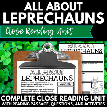 Preview of Leprechaun Close Reading Activities - St Patrick's Day Reading Comprehension