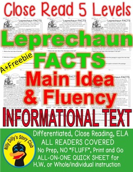 Preview of Leprechaun FACTS CLOSE READING 5 LEVELED PASSAGES Main Idea Fluency Check TDQs