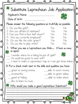 Preview of St. Patrick's Day Leprechaun Job Application