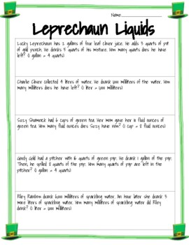 Preview of Leprechaun Liquids - Liquid Measurement Word Problems