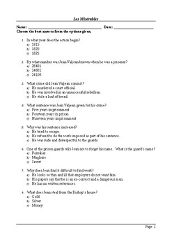 Preview of Les Misérables - 50 Question Multiple Choice Quiz