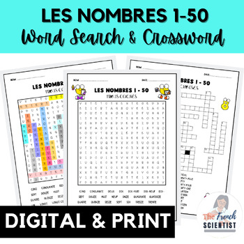 Preview of FRENCH Numbers 1-50 / Les Nombres 1-50 Word Search & Crossword Activities