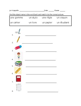 Preview of Les Petits Objets Worksheet