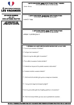 Preview of Les Vacances - Holidays - French Listening Practice - Worksheet A2/B1