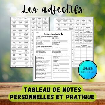 Preview of Les adjectifs - Tableau de notes personnelles et pratique