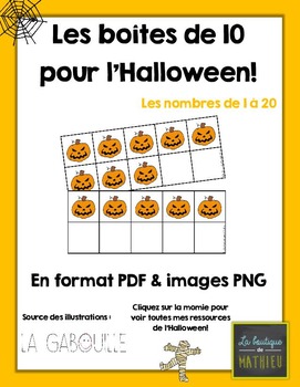 Preview of Les boîtes de 10 de l’Halloween (nombres 1 à 20) (format PNG + PDF) [TEN FRAMES]