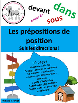 Preview of Les prépositions, unité complète + 10 activités & réponses, 59 pages