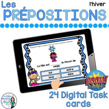 Preview of Les prépositions:  French Winter themed Digital Task Cards - BOOM CARDS