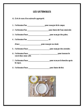 Preview of Les ustensiles, les couverts, mettre la table, worksheet in French