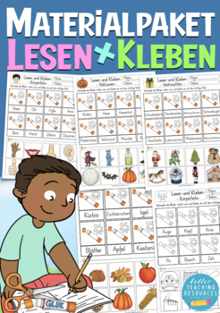 Preview of Lesen und Kleben Deutsch Wortschatz Arbeitsblätter (German worksheets bundle)