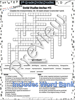 Less Stress 5th Grade Social Studies Staar Review Crossword Puzzle 15 No Prep