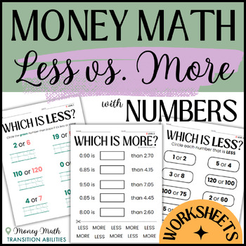 Preview of Less vs. More with Numbers | SPED Money Math | 3 Levels Worksheets