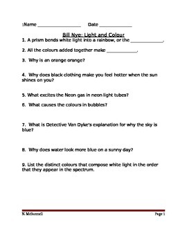 Preview of Lesson 03 Bill Nye Light and Colour Worksheet