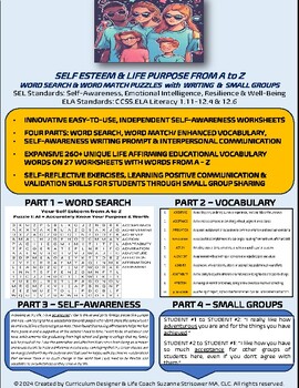 Preview of Lesson 2 - Self Esteem & Life Purpose SEL Vocabulary & Word Search Puzzles