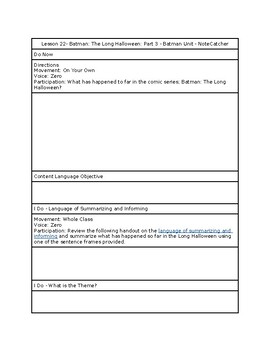 Preview of Lesson 23 - Batman: The Long Halloween Part 3 - Batman Unit - Note Catcher
