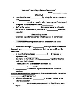 Preview of Lesson I Student PowerPoint Note Guide "Describing Chemical Reactions"