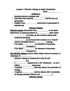 Preview of Lesson I Student PowerPoint Note Guide "Electric Charge & Static Electricity"