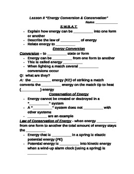 Preview of Lesson II Student PowerPoint Note Guide "Energy Conversion & Conservation"