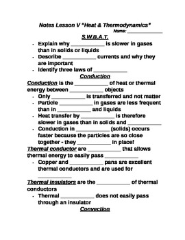 Preview of Lesson V Student PowerPoint Note Guide "Heat & Thermodynamics"