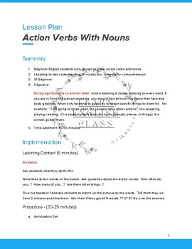 Preview of Lesson Plan Action Verbs with Nouns