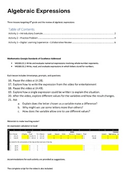 Preview of Algebraic Expressions (Lesson Plan Package)