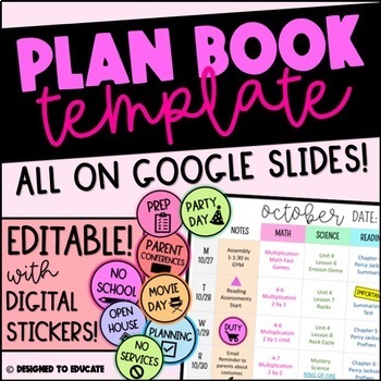 Preview of Lesson Plan Book Digital Template & Calendar Stickers on Google Slides -Editable