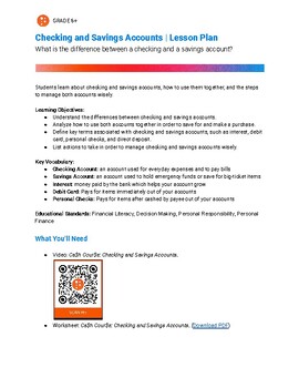 Preview of Financial Literacy: Checking & Savings Accounts - Lesson Plan, Worksheet, Video