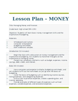 Preview of Lesson Plan - Money Management
