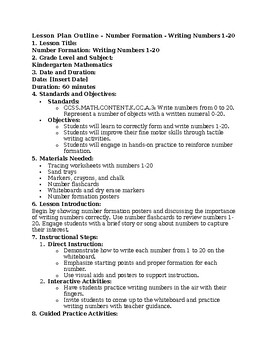 Preview of Lesson Plan Outline - Number Formation - Writing Numbers 1-20