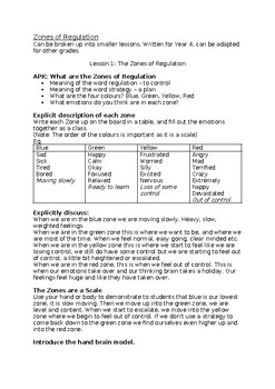 Preview of Lesson Plan: Psychology for kids/Zones of Regulation