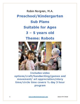 Preview of Lesson Plan SUB PLANS Robots Theme Pre-k Kinder Reggio Daycare Centers Play Base