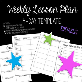 Preview of Lesson Plan Template - 4 Day Week EDITABLE